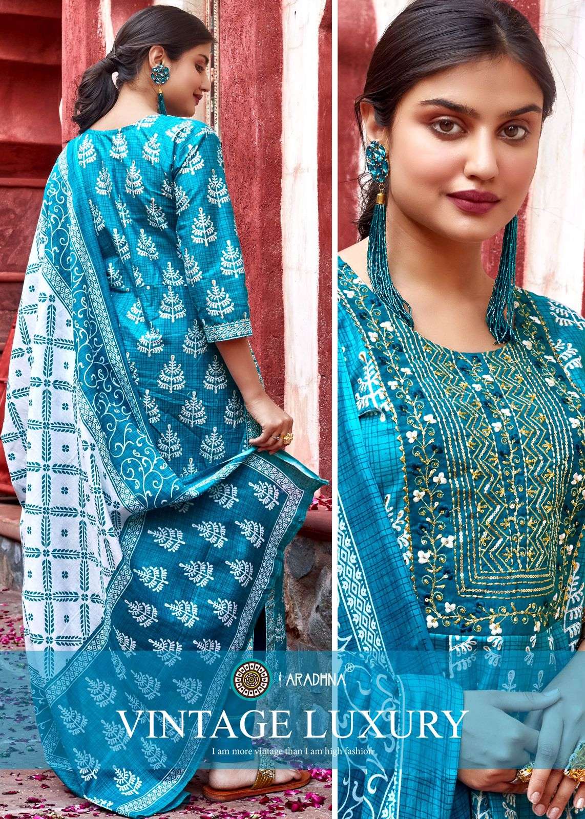 VINTAGE VOL 1 COTTON FOIL PRINT FANCY EMBROIDERY WORK KURTI WITH PANT DUPATTA BY ARADHNA BRAND 1006 C